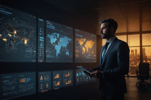 Empresario de pie frente a pantallas grandes que muestran flujos de trabajo automatizados y dashboards de datos en una oficina con iluminación dramática